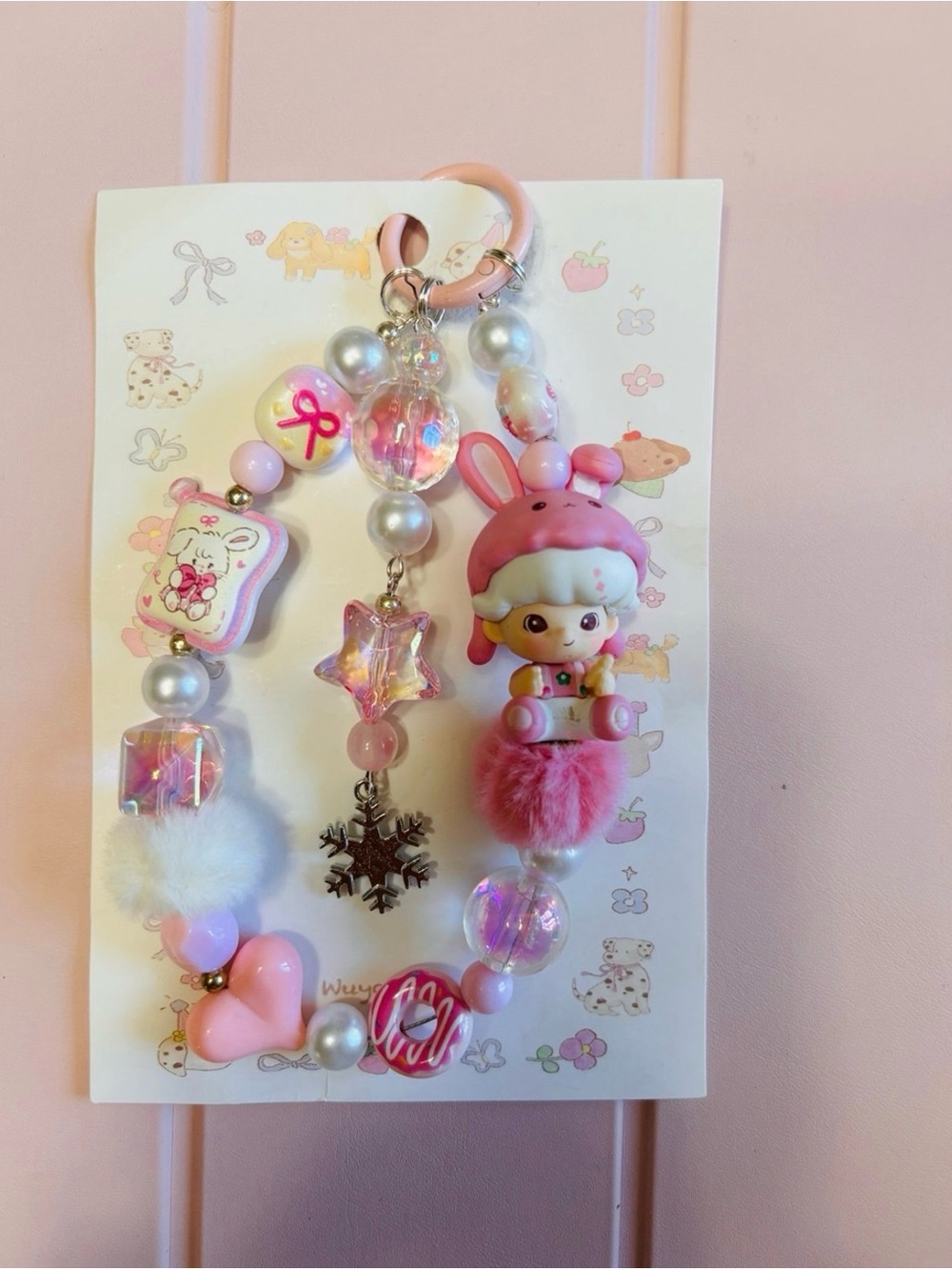 Pink Bunny Doll Beaded Keychain Charm - Cute Plush Pom Pom Accessory